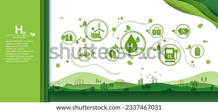 The concept of clean Hydrogen Energy with icons, changing the CO2 fuel cell to H2 switching to clean hydrogen energy with friendly and sustainable development for environment and alternative lifestyle Royalty-Free Stock Photo #2337467031