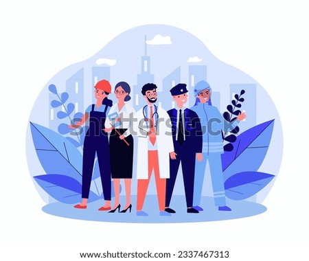 Happy public service workers vector illustration. Doctor, teacher, police officer, firefighter and builder or engineer ready to help people. Public sector work, occupation, community concept Royalty-Free Stock Photo #2337467313