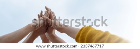 Panoramic Teamwork,empathy,partnership and Social connection in business join hand together concept.Hand of diverse people connecting.Power of volunteer charity work,Stack of people hand. Royalty-Free Stock Photo #2337467717