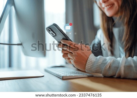 Woman hands using smartphone with 1 new email alert sign icon pop up, Female using phone for check email for work or sending text SMS short message at home, Online communication concept Royalty-Free Stock Photo #2337476135