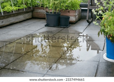 Patio drain clogged and flooded after heavy rain. Overflown drainage causing to pool large amount of water on tiles. Unclogg the drain from mud or dirt or plumber has to snake pipe. Selective focus.