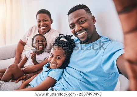 Selfie, black family and bond in a bed with smile, care and love together in their home. Portrait, memory and children with parents in bedroom hug and relax for a happy profile picture in a house