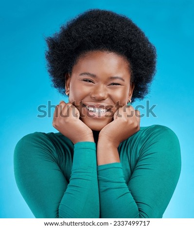 Portrait, smile and excited with black girl or hands in studio background with positive mindset. Happy, face and african female with confidence or proud expression for beauty with motivation or joy.