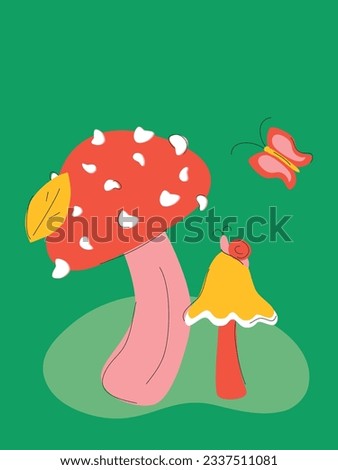Multicolored mushrooms with butterfly and snail postcard vector illustration
