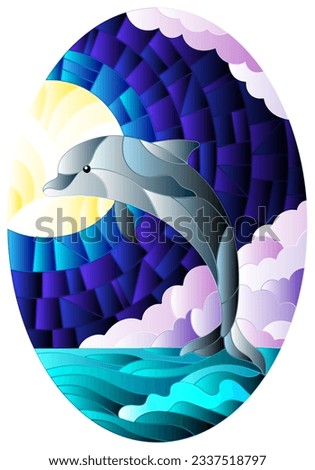 Illustration in the style of a stained glass window with dolphins on the background of the night sky and the sea, oval image