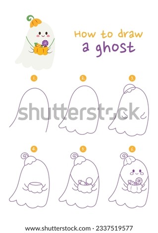 How to draw little ghost vector illustration. Draw halloween ghost step by step. Cute and easy drawing guide.