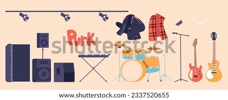 Electric Guitars, Bass Guitars, Drum Kit, Amplifier, And Microphones Punk Rock Music Instruments Isolated Icons Set