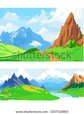 Vector image showcases a vibrant and breathtaking collection of summer mountain illustrations. The scene captures the essence of a sunny day in the mountains.