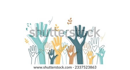 Raised hands. Volunteering, teamwork concert. Royalty-Free Stock Photo #2337523863