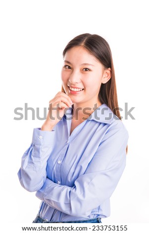 A young business woman with long hair standing isolated on white.