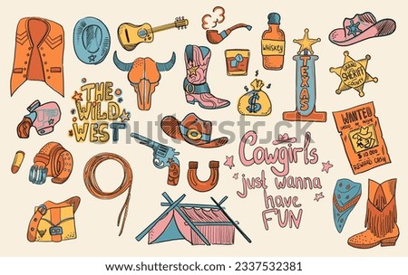 A set of elements of a cowboy theme. Vector illustration, doodle. Includes elements such as a wanted list, a sheriff s badge, a revolver, a horseshoe, alcohol, a bag of days, a smoking pipe