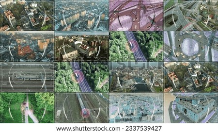 Aerial Drone Vision CCTV of Cars Trains Ships Buildings and City Infrastructure Royalty-Free Stock Photo #2337539427
