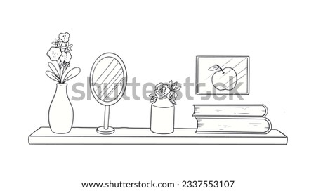 shelf outline illustration. Book shelf. Vector illustration. isolated on white background. Hand drawn sketch of shelves. Home Interior design elements. Interior furniture. Simple bookshelf. wall shelf