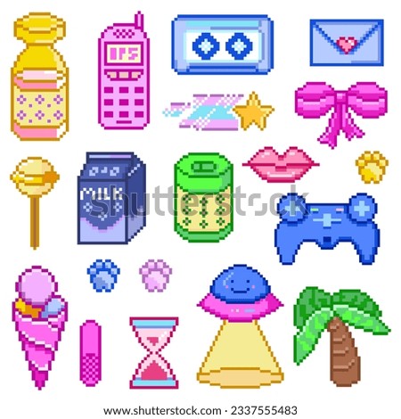 Pixel art 8-bit сute gaming clip art pack objects. Retro digital game assets. Set of Pink fashion icons. Vintage video game. Arcade Computer video