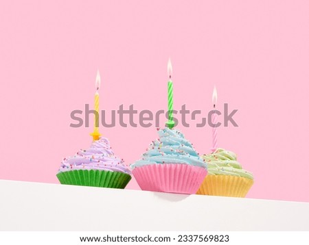 Tasty cupcakes and delicious desserts. Image of cheerful holiday. Birthday sweet decoration.