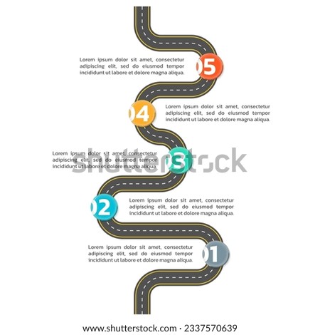 5 step road map info graphic design. Timeline infographic, modern business presentation template. Vertical roadmap, winding path, street concept. Vector illustration.  Royalty-Free Stock Photo #2337570639