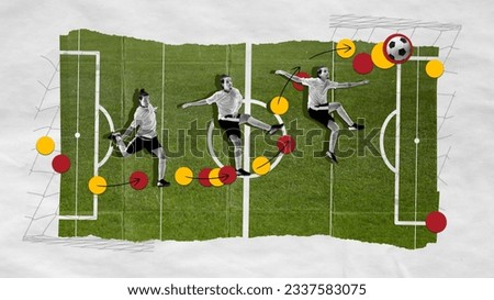 Game strategy. Young guy, football player in motion, hitting ball on sports field. Movements. Contemporary art collage. Concept of professional sport, betting, game, competition. Banner, poster, ad