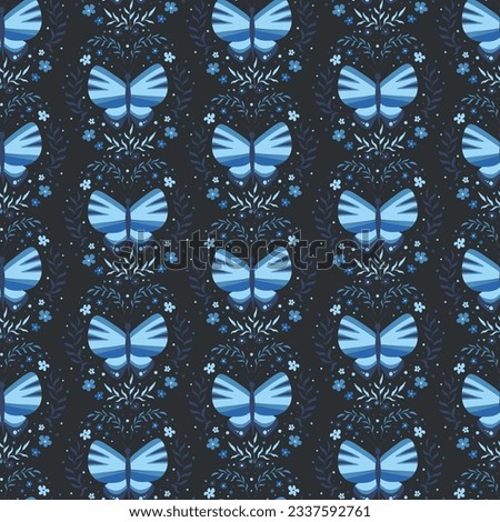Seamless pattern with butterflies and leaves isolated on a dark background. Pattern for clothes, wallpaper, kitchen towels, tablecloth