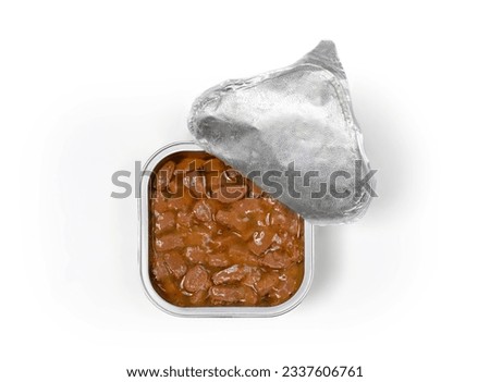 Top view of canned food for cats or dogs isolated on white background