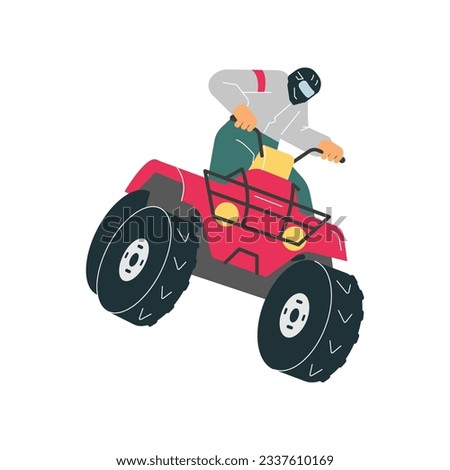 Red quad bike with man in helmet off-road driving. ATV, four-wheeled motorcycle transportation front view. Extreme sport and entertainment, outdoor adventure concept vector cartoon illustration