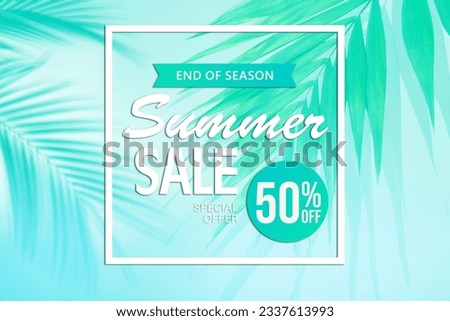 Hot summer sale flyer design with palm leaves on light blue background