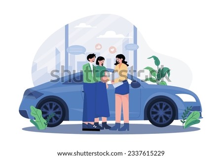 Happy customers couple handshaking with a manager in an auto salon