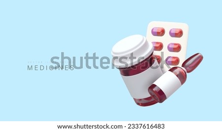3d medicine ampule, jar with drug and blister pack with pills. Different medicines concept. Advertising campaign for pharmacy store. Vector illustration with blue background Royalty-Free Stock Photo #2337616483