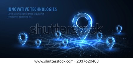 One big abstract pin icon on the city map with a few small pins. Transportation delivery, map location, transport logistics, tourism navigation, concept. Gps navigation, new location. Blue background Royalty-Free Stock Photo #2337620403