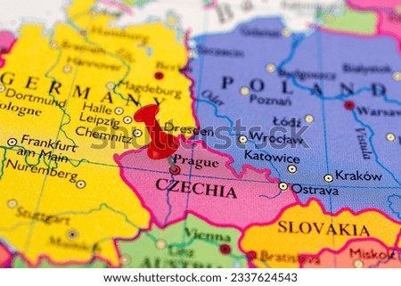 Prague map. Close up of Prague map with red pin. Map with red pin point of Prague in Czech. Royalty-Free Stock Photo #2337624543