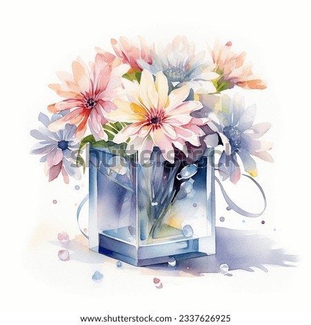 Drawing of beautiful flowers in a square vase on a white background. For your design