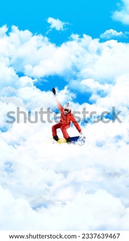 Man in helmet and uniform snowboarding on sky. Winter sports, vacation. Contemporary art collage. Concept of dreams and fantasy, surrealism, imagination,, active lifestyle. Flyer, ad