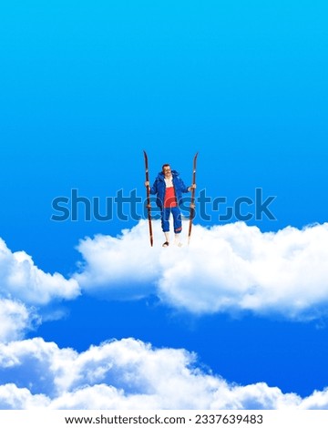 Man standing on clouds with skis over blue sky background. Winter sports, vacation, active lifestyle. Contemporary art collage. Concept of dreams, fantasy, surrealism, imagination. Copy space for ad