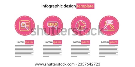 Set line Earth globe, Two sitting men talking, Hello different languages and Translator icon. Vector