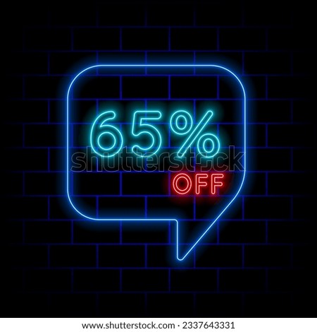 65% sixty five percent off neon lettering. vector illustration. bricks background. in blue and red colors.