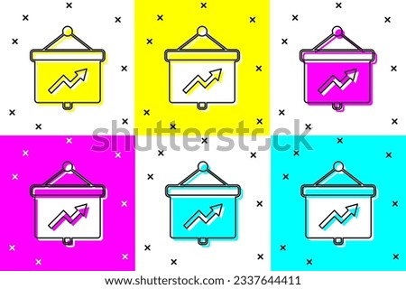 Set Presentation financial business board with graph, schedule, chart, diagram, infographic, pie graph icon isolated on color background.  Vector