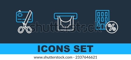 Set line House with percant discount, Scissors cutting credit card and ATM and money icon. Vector