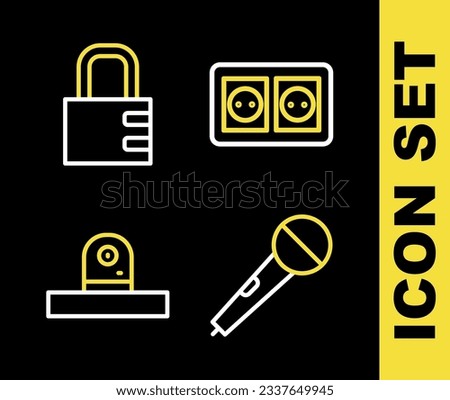 Set line Electrical outlet, Microphone, Security camera and Safe combination lock icon. Vector