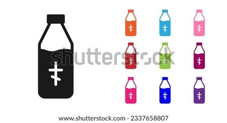 Black Holy water bottle icon isolated on white background. Glass flask with magic liquid. Set icons colorful. Vector