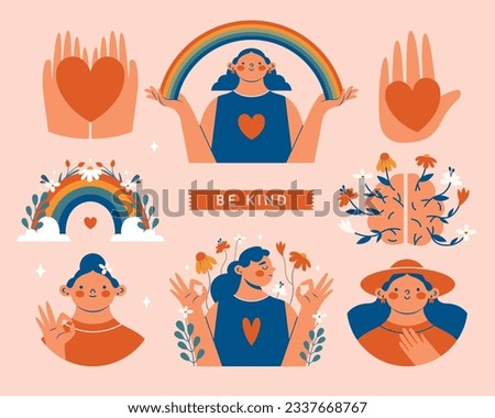 Mental health support. Hand drawn set of vector illustrations with women, young persons, hands, heart, rainbow, brain, flowers, labels. Modern minimal stickers, clip arts with funny characters.
