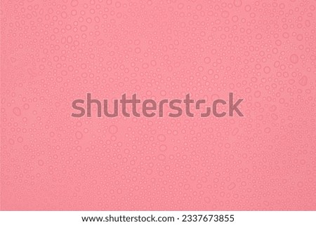 Background of water drops on pink surface, top view, flat lay