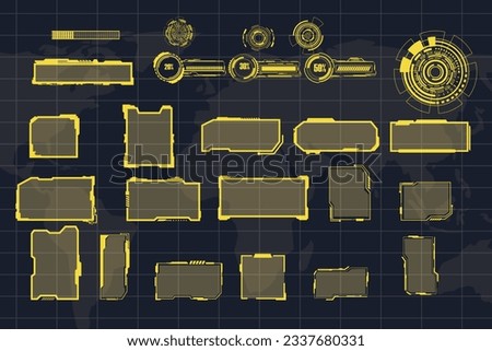 digital interface HUD elements set pack. User Interface, frame screens. Callouts titles, FUI circle set, Loading bars. Dashboard reality technology screen. Vector	
 Royalty-Free Stock Photo #2337680331