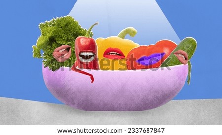 Horizontal art collage of vegetables relaxing in salad bowl over blue background with imitation of light. Concept of junk food, healthy food, veganism, healthy lifestyle, ad. Cartoon style.