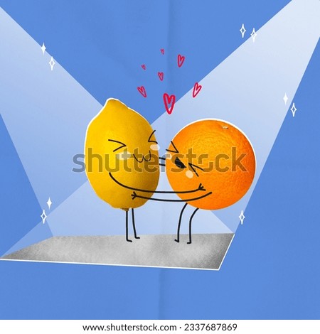 Contemporary art collage of lemon and orange with drawing emotions of love hugs over blue background with immitation of light. Concept of veganism, healthy lifestyle. Cartoon style.