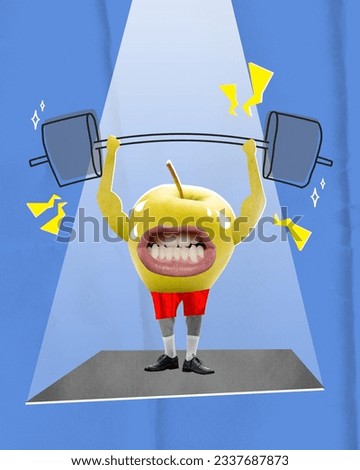 Modern artwork of strong apple with barbell over blue background with immitation of light. Concept of junk food, healthy food, veganism, healthy lifestyle, ad. Cartoon style.