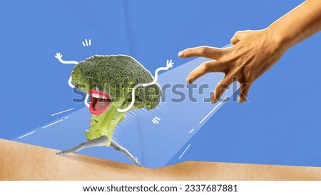 Horizontal art collage of escaping and shouting broccoly from hand over blue background with imitation of light. Concept of junk food, healthy food, veganism, healthy lifestyle, ad. Cartoon style.