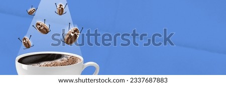 Banner. Art collage of coffee beans with different emotions fly into cup of coffee over blue background with imitation of light. Concept of junk food, healthy food, veganism, healthy lifestyle, ad.