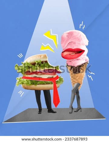 Modern artwork of mr hamburger and mrs ice cream over blue background with immitation of light. Concept of junk food, healthy food, veganism, healthy lifestyle, ad.