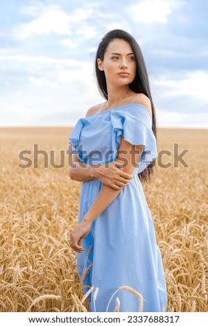 a young woman in a blue dress stands in a field of wheat against the sky