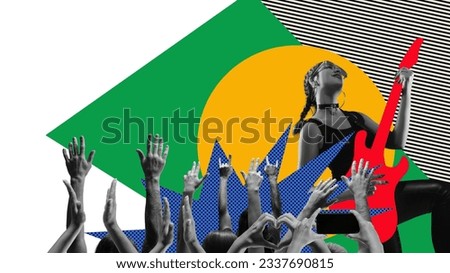 Young stylish woman making live concert, playing guitar. Human hands silhouettes. Contemporary art collage. Concept of music and festival, creativity, inspiration, party, event. Banner, flyer, ad Royalty-Free Stock Photo #2337690815