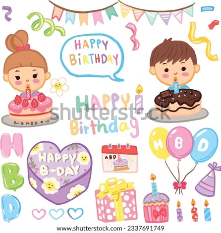 Happy Birthday hand draw cute vector set HBD gift and cake element